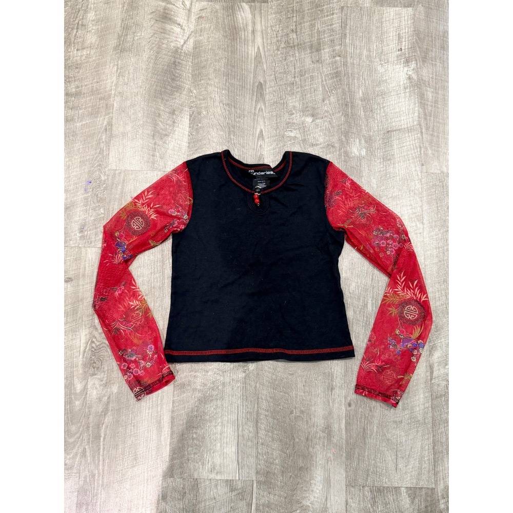 No Boundaries Girls Black Red Mesh Sleeve Asian Print Top NB65001WL Size 7/8